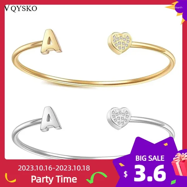 Bangle VQYSKO Coração Inicial Cuff Pulseiras Para Meninas Mulher-CZ Aço Inoxidável Ajustável Pulseira Aberta Menina Jóias Presentes de Aniversário Fo