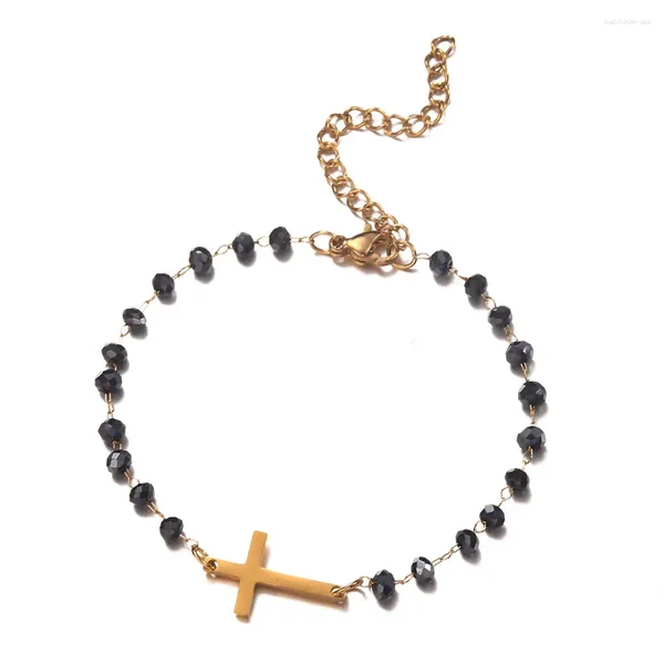 Charme pulseiras minamama vintage aço inoxidável artesanal marinho azul rosário contas cruz para mulheres religião católica jóias