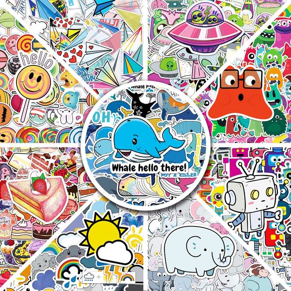 50 Stück bezaubernde Cartoon-Aufkleber zum Selbermachen, dekorative Kinder-Graffiti-Aufkleber, gemischte Handyhüllen, Gepäck, wasserfester Aufkleber, Aliens, Roboter, Kuchen, Lutscher, Papierflieger, 9 Themen