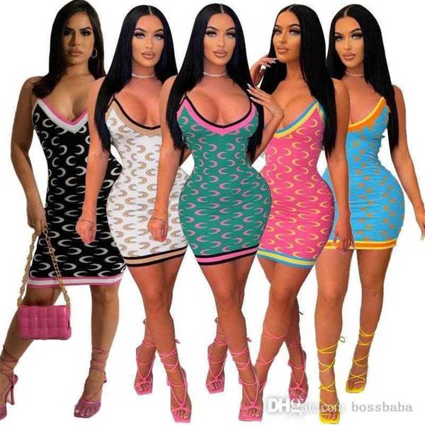 Plus -Size -Designerinnen Frauen Midi Kleider neuer hochelastischer Monddruck niedrig geschnittene sexy Farbe passende Hosenträger Kleider Lady Halter Sundress 5xl