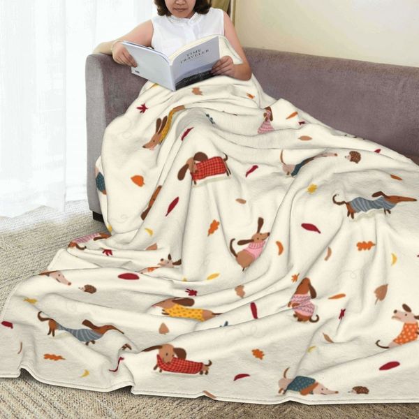 Cobertor Dachshund em suéteres padrão velo impresso bonito portátil lance macio para cama escritório colcha cão flanela 230406