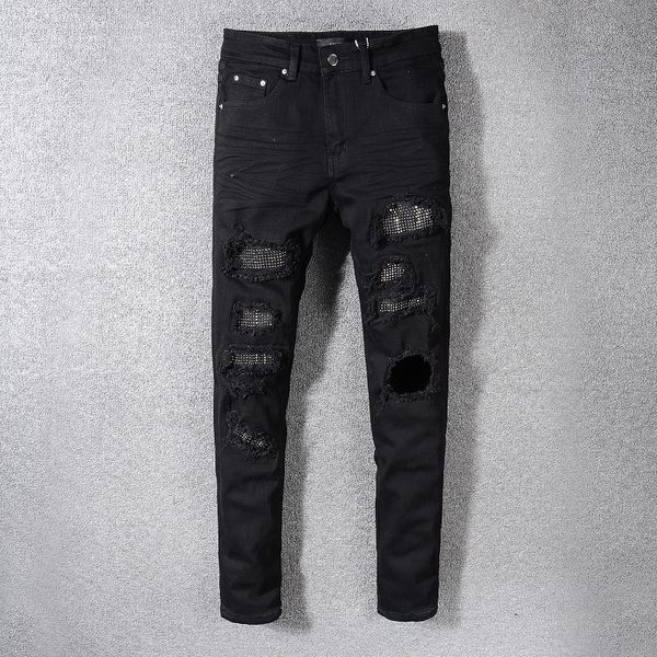 Jeans da uomo Nero Distressed Slim Fit Stile streetwear Danni Fori Skinny Stretch Distrutto Costole Patch Strappato 230404