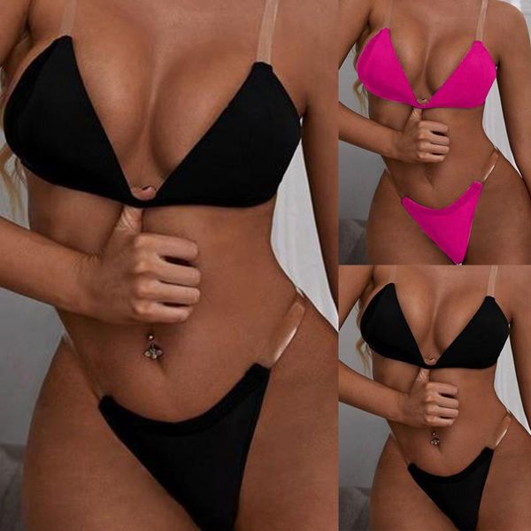 Menas de banho feminina Biquíni de verão de traje de banho Mulheres Sexy praia transparente tira de maiô Nada de cor sólida para cintura alta