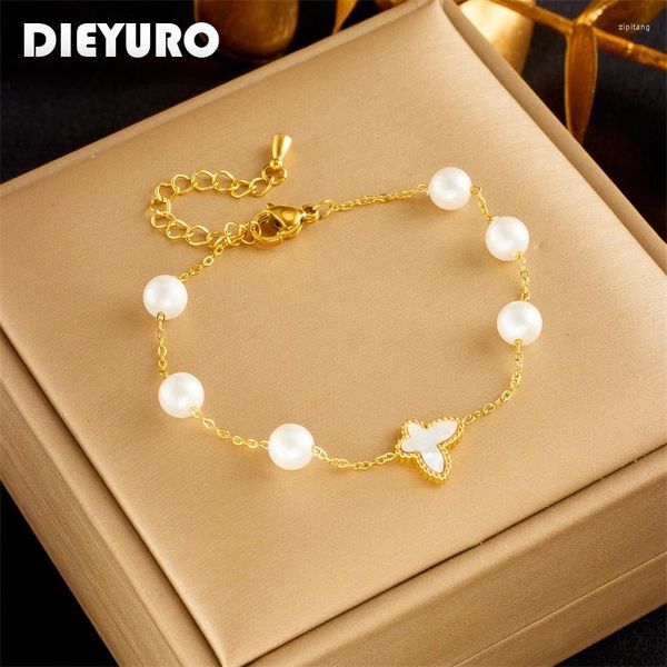 Charm Armbänder Dieyuro 316L Edelstahl Perle Schmetterling Armband für Frauen Mädchen Mode Feine Kette Nicht verblassende Schmuck Geschenke Bijoux