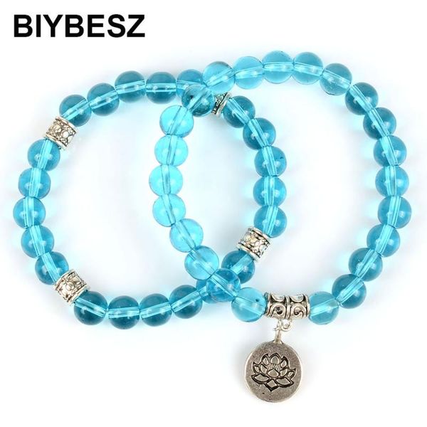 Strand Fashion Sky Blue Crystal Natural Stone Om Lotus Buda Yoga Charme Bracelete Handmade Jewelry Gifts Fios de miçangas