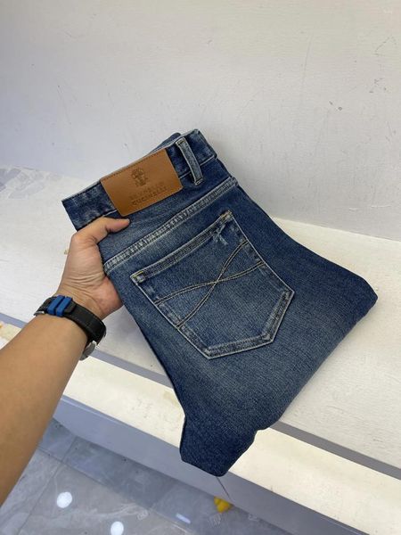 Jeans masculinos almaqi homens 2024 outono inverno elástico moda bordado tamanho grande 29-38 calças longas retas etiqueta de couro personalizada