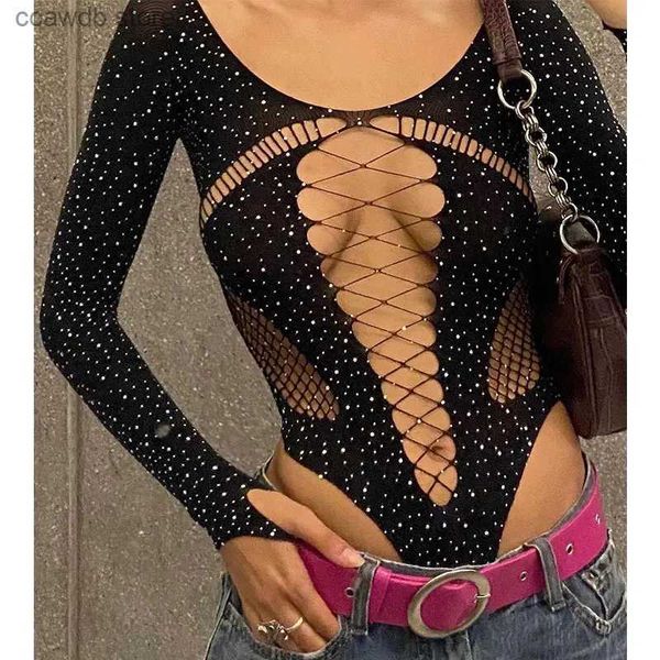 Damen Jumpsuits Strampler Sommer 2023 Bodysuit Sexy Bodys Mujer Strumpf Strass Langarm Hollow Out Slim Fit Leotard Tops Bodystocking Dessous T231106