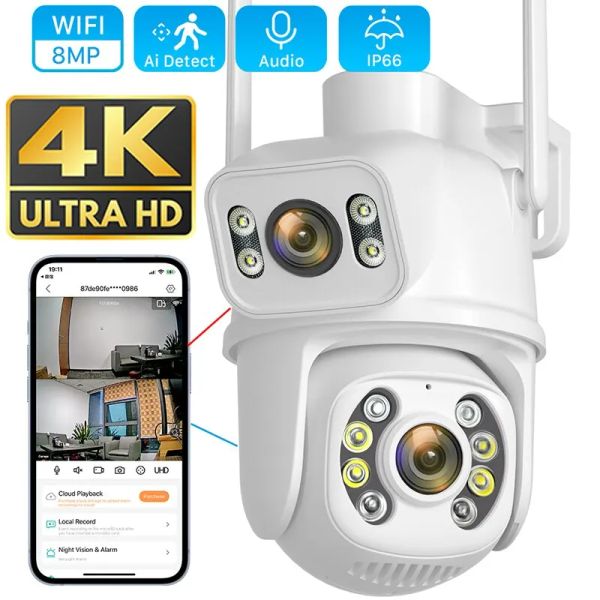 8MP 4K PTZ Wi-Fi IP-камера с двумя объективами, защита безопасности, Ai монитор человека, уличная водонепроницаемая ночная камера видеонаблюдения