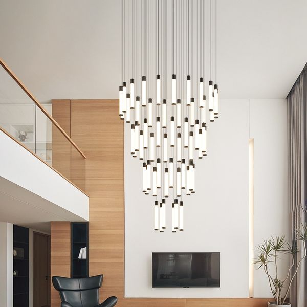 Lustre LED moderne pour escalier de luxe nouveau Design Lustre intérieur salon hall or noir lampe suspendue Long luminaire de hall