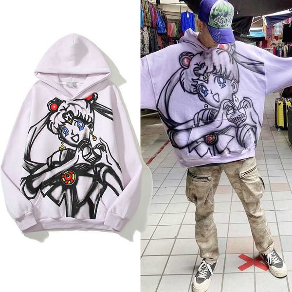 Saint Co Markalı El Boyan Graffiti Baskı Güzel Kız Asker Su Buz Ayı Sınırlı Animasyon Anime Hoodie