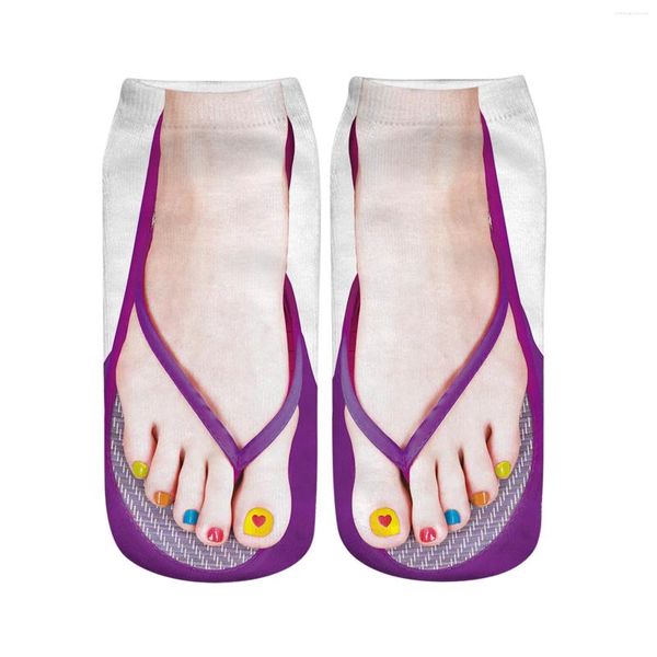 Mulheres meias 3d impresso flip flops manicure pé padrão impressão engraçado escondido correndo confortável baixo corte tornozelo