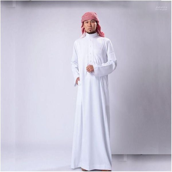 Roupas étnicas S Arábia Trajes tradicionais homem Muslim Jubba thobe Solid White Stand Collar Collar Polyester Long Robe Drop islâmico DHJT1