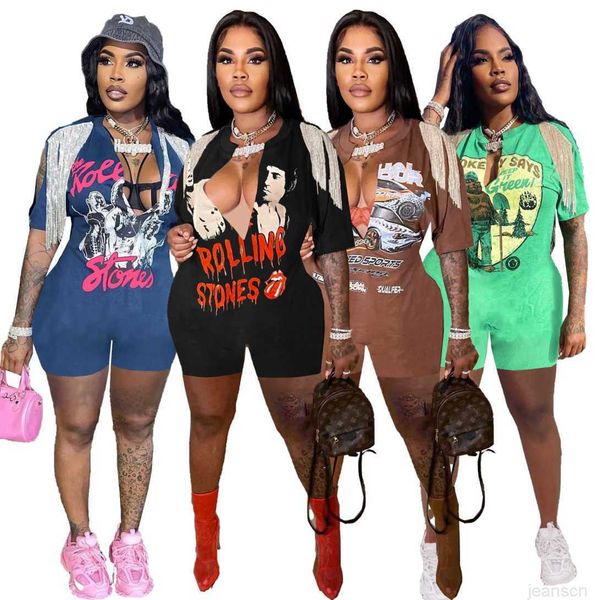 Sommeroveralls der Frauen gedrucktes Hip-Hop-Street Split Pin Quaste Kurzarm T-Shirt Overall Ampere Strampler V-Ausschnitt blau Strampler Frauen