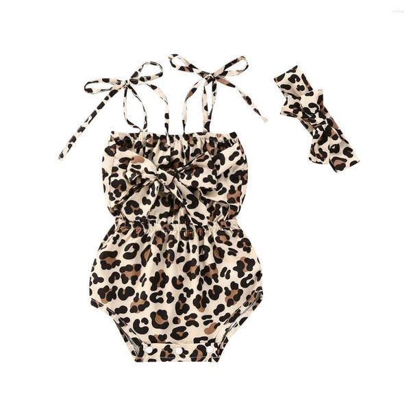 Rompers 2023 Roupas de verão para bebês Crianças crianças 2pcs Conjunto de roupas femininas moda moda leopard impressão macacão macacão arco roupas de banda de cabelo