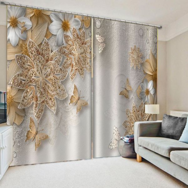 Cortinas estereoscópicas 3d com flores douradas, cortinas de janela 3d para sala de estar, quarto, tamanho personalizado