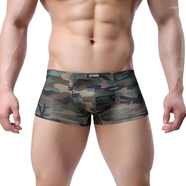 Cuecas inteligentes homens sexy roupa interior boxer masculino homens boxers militares shorts u convexo bolsa camuflagem calcinha