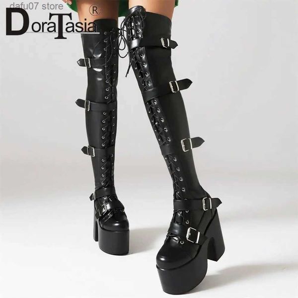 Botas novas senhoras plataforma coxa botas altas moda fivela punk grosso salto alto botas femininas festa cosplay goth mulher sapatos t231106