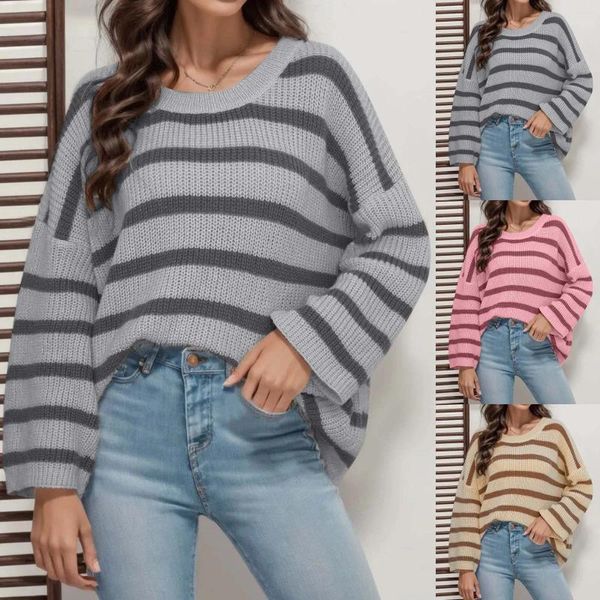 Женские свитера, полосатый цвет, контрастная строчка, пуговицы, свободный свитер с рукавами-колокольчиками, Ropa De Mujer, пуловер Damen Strick