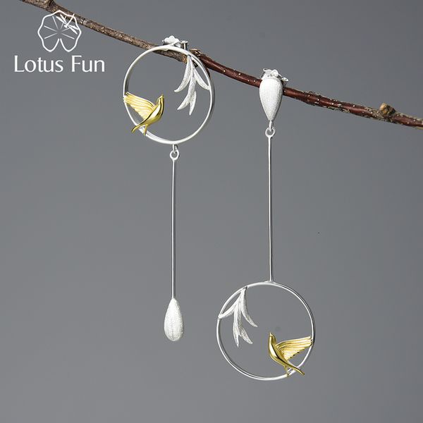 Lustre lustre lotus diversão real 925 Sterling Silver Swallow and Willow in Spring Wind Wind Long Assimétrico Brincos de Brincos para Mulheres finas 230404