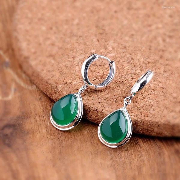 Orecchini Pendenti in Argento Sterling 925 Retro Feng Shui a Forma di Goccia di Giada Verde