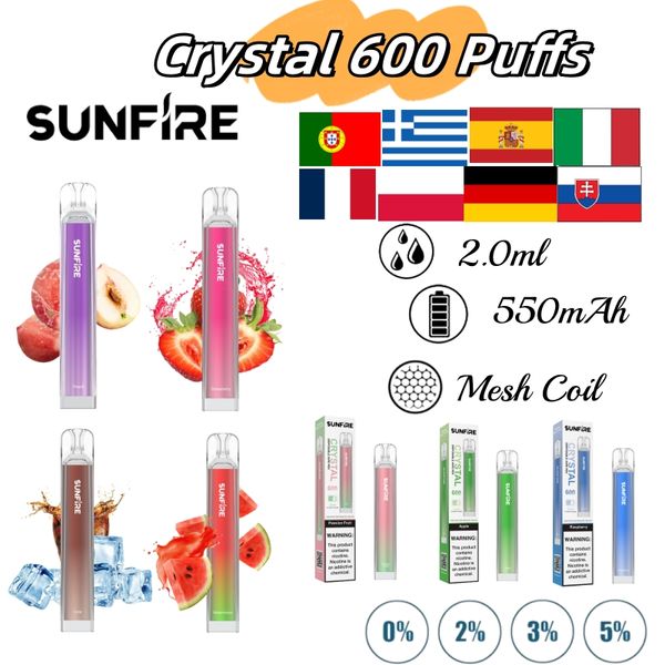 Sunfire Box 600 Puffs Descartáveis Vapes Pen Puff 600 Cigarros Eletrônicos 2ml 550 mAh Pod Mesh Coil Recarregável Crystal Vape Bar Pen 0% 2% 3% 5% Dispositivo Opcional Fruit Ecig