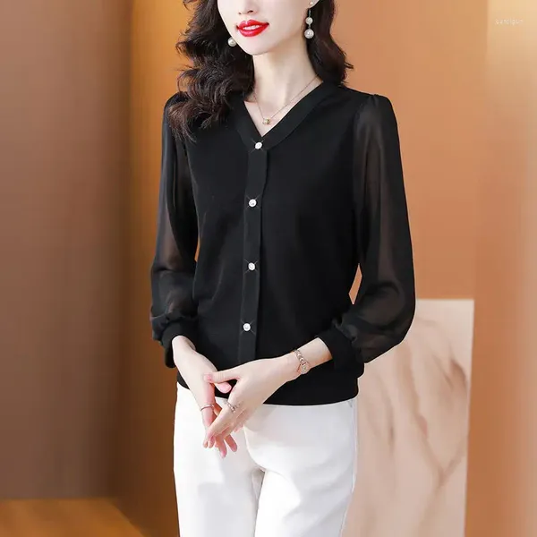 Blusas femininas coreanas primavera verão manga longa chiffon camisa preta com decote em v solto moda casual versátil escritório senhora elegante blusa
