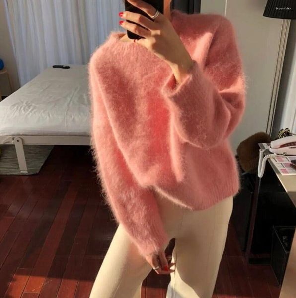 Suéteres femininos chique moda outono inverno rosa mink cashmere para mulheres gola redonda macio mohair malha grosso quente solto pullovers