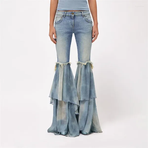 Jeans femininos 2023ss primavera e verão puro algodão lavado denim chiffon costura cintura alta y2k moda casual calças largas