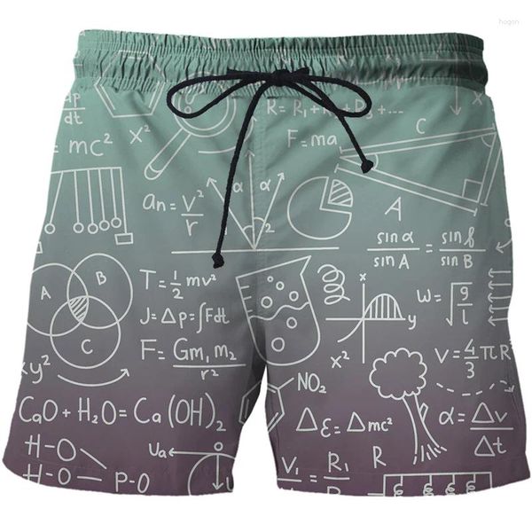 Shorts masculinos abstrato fórmula matemática padrão praia 3d boardshorts masculino/feminino calças curtas streetwear roupas masculinas