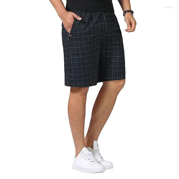 Shorts masculinos 2023 roupas tamanho grande homens xadrez algodão zíper bolso calças cintura elástica bermudas masculino plus 5xl preto
