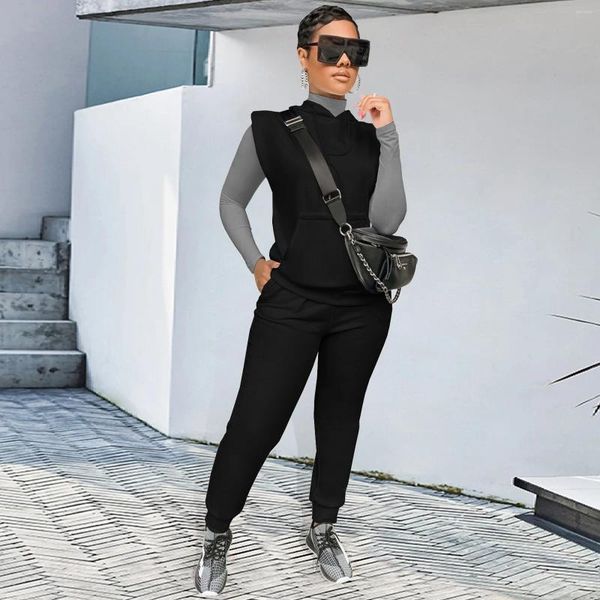 Women's Two Piece Pants Women Casual Sport Trouser Suit Soild Sets Tops High 2 Of Workout Suits Female Sleeveless Padded Shoulder Hoodie