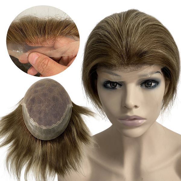 Braziliaanse Maagdelijke Menselijk Haarsystemen Hoogtepunt Kleur 6 # HL #27 Q6 Toupet 8x10 Kant met PU-eenheid voor blanke mannen