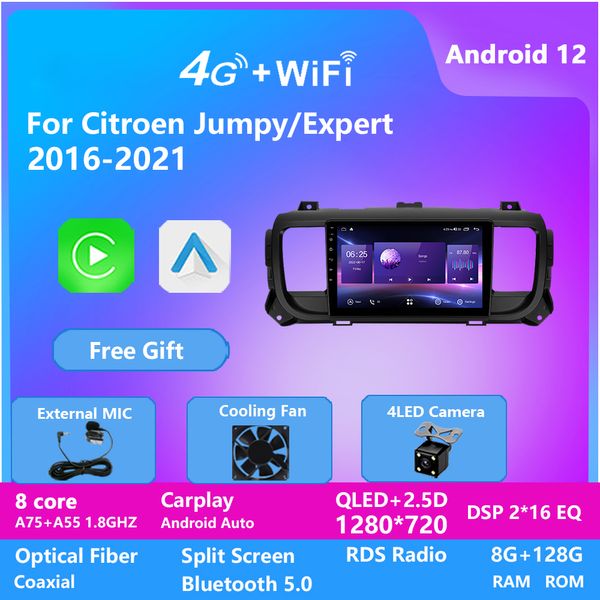 Android Head Unit 128 GB Sistema de vídeo estéreo para carros para o Citroen Jumpy Expert 2016-2021 Touch Screen Dash Radio Multimedia