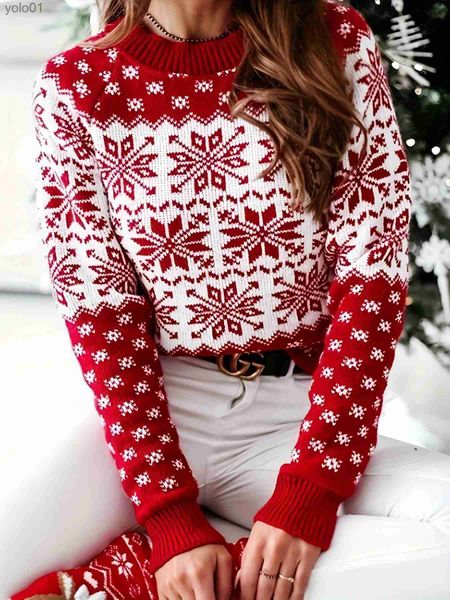 Maglioni da donna Maglione rosso autunnale e invernale da donna indossa un maglione lavorato a maglia pullover con fiocco lungo e collo rotondo con fiocco di neve natalizioL231107