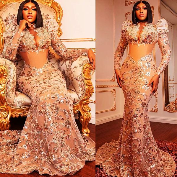 Plus Tamanho Árabe ASO EBI Sereia Gold Prom Vestidos de Binched Cristais Evening Festa formal