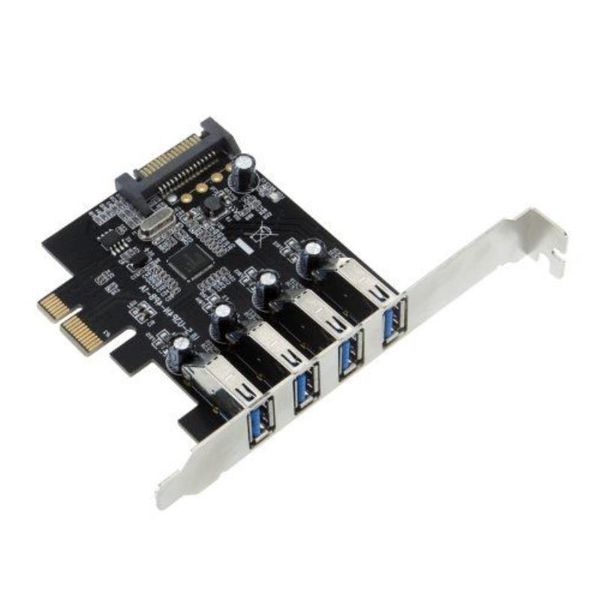 Freeshipping-AKTION! Heißer 4 Port SuperSpeed USB 30 PCI Express Controller Karte Adapter 15 pin SATA Strom Anschluss Low Profile Ensfb