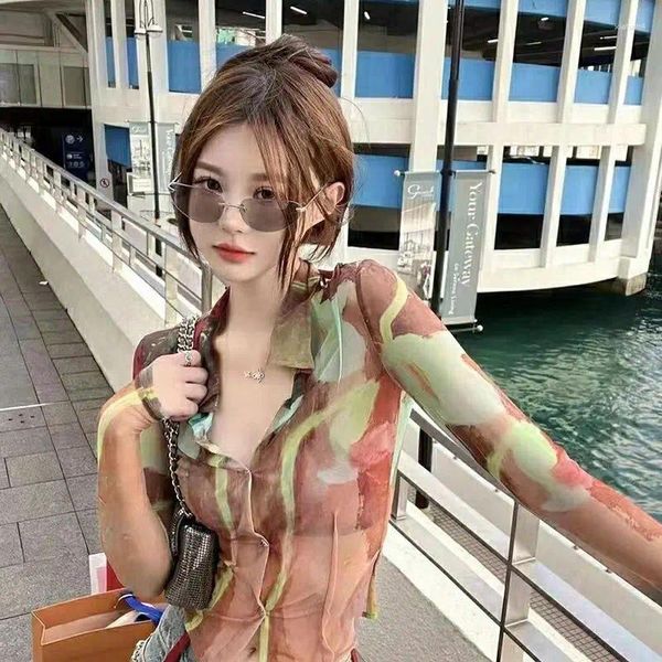 Damenblusen Y2K Tie Dyed Print Langarm T-Shirts Frauen Einreiher Streetwear E-Girl Ästhetische Pullover Crop Tops Harajuku Grunge