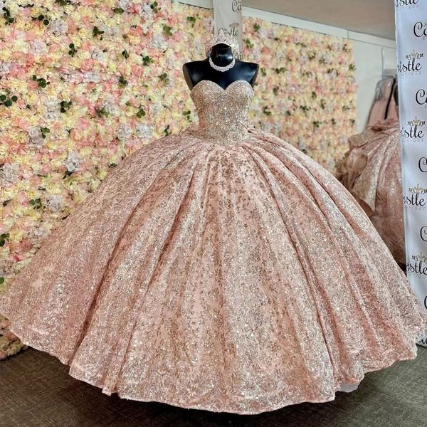 Rosegold Quinceanera Kleid Abschlusskleid Süße 15 Kleid Bow Pailletten Abschluss Applikat Perlen Party Prinzessin Kleid Plus Größe Custom