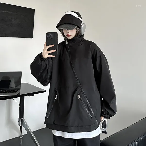 Damenjacken, lässige, übergroße Jacke für Damen, Schwarz, modisch, Streetwear, Boyfriend-Stil, lockerer Vintage-Arbeitsmantel mit Reißverschluss