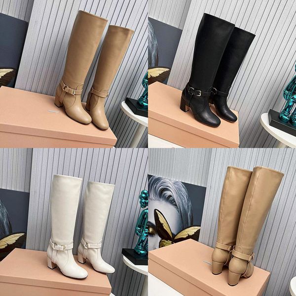 2023 designer de luxo cor pura coxa-alta botas sexy mulheres genuínas couro ao ar livre festa redonda cavaleiro bota senhora moda saltos grossos sapatos de salto alto tamanhos 40