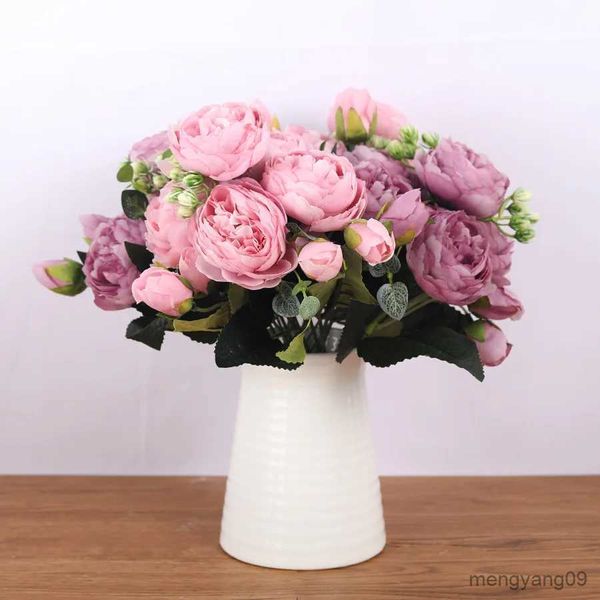 Decorações de Natal 30cm Rosa Rosa Buquê de Seda Peônia Flores Artificiais 5 Cabeças Grandes 4 Pequeno Bud Noiva Casamento Decoração de Casa Flores Falsas Faux R231107