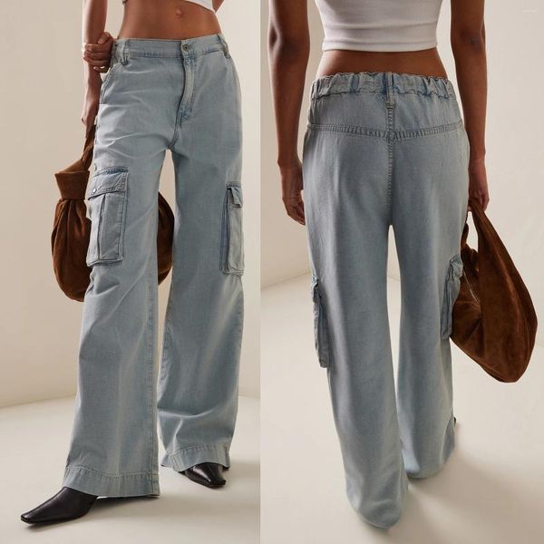 Женские джинсы Combhasaki Y2K, винтажные американские ретро весенне-летние джинсовые длинные брюки, небесно-голубые мешковатые широкие брюки с несколькими карманами