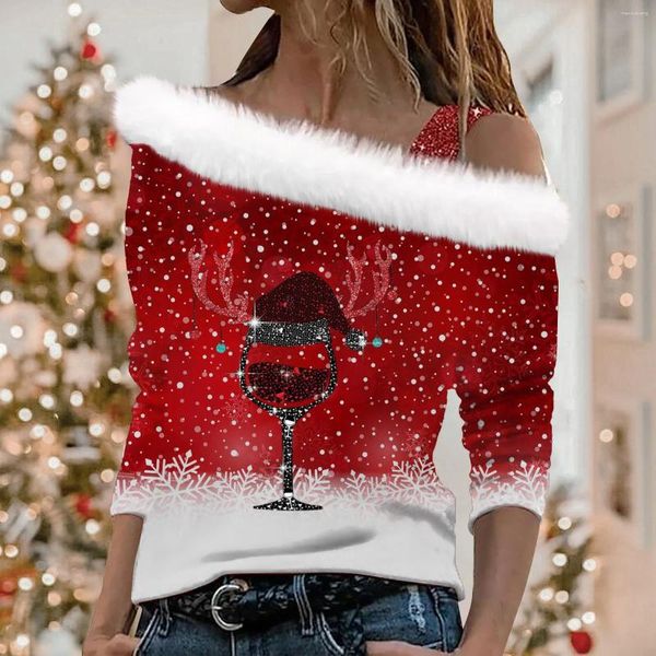 Женские блузки, рождественские женские элегантные блузки, красные бокалы для вина, пуловеры с принтом, плюшевые рубашки с открытыми плечами, фестивальная модная одежда