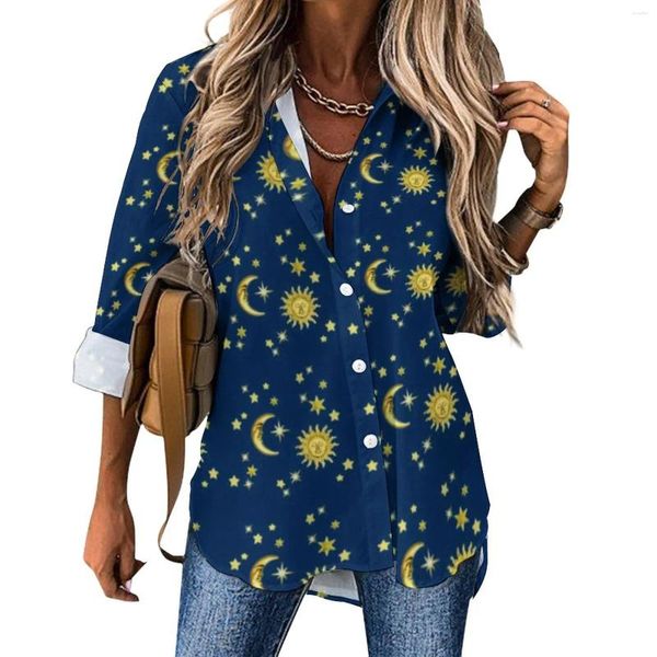 Camicette da donna Glod Moon Camicetta casual Stampa sole e stelle Modello grazioso Camicie basic a maniche lunghe da donna Top oversize primaverili