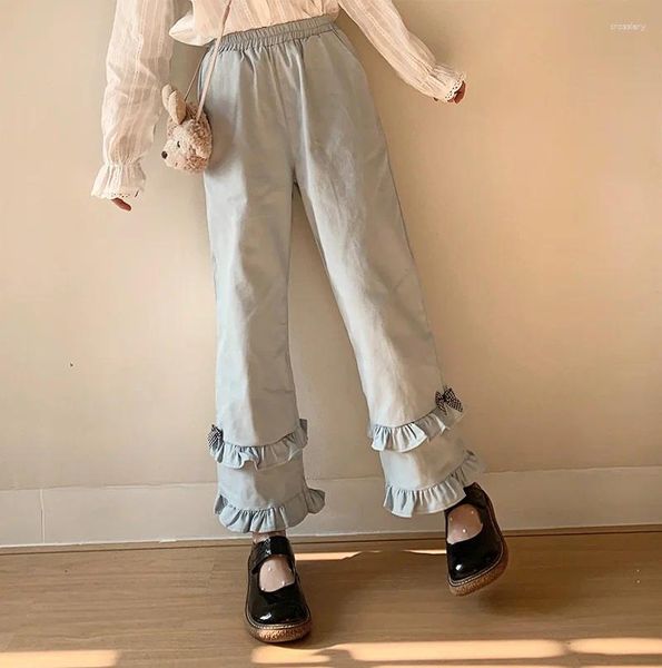 Pantaloni da donna Lolita giapponese con fiocco volant da donna Y2k pantaloni casual alla moda Kawaii elastico a vita alta svasato largo gamba larga