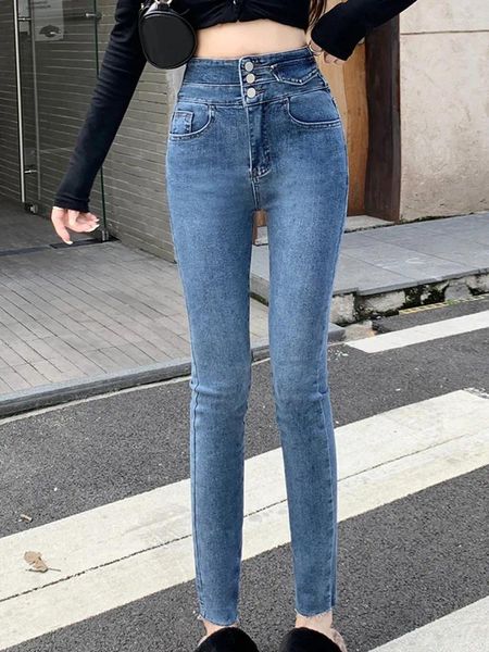 Jeans femininos vintage breasted cintura alta elástico denim magro encaixe leggings 2023 outono roupas de moda coreana