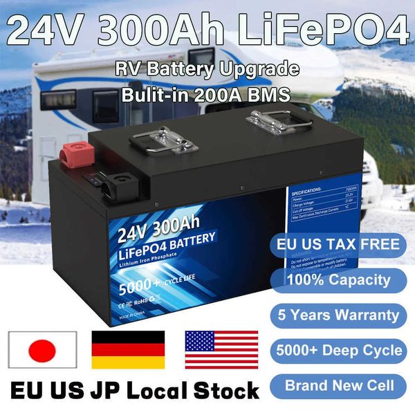 24V 300AH 200AH 100AH Pacco batteria LiFePO4 25.6V 7680Wh Built-in 200A BMS 102% Capacità 5000 cicli RV Golf Cart Solar Stock UE