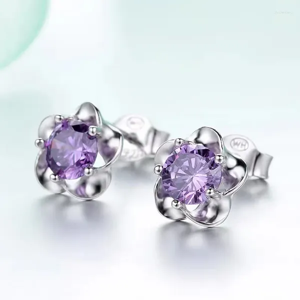 Orecchini a bottone Bellissimo zircone viola brillante Fiore di ciliegio Moda donna Placcato in argento 2 stili