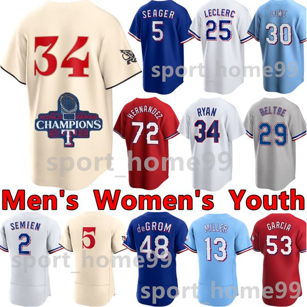 Maglia da baseball personalizzata 2024 53 Adolis Garcia 5 Corey Seager 2 Marcus Semien 30 Nathaniel Lowe 28 Jonah Heim 6 Josh Jung 47 Josh Smith 3 Leody Taveras 34 Nolan Ryan Maglie