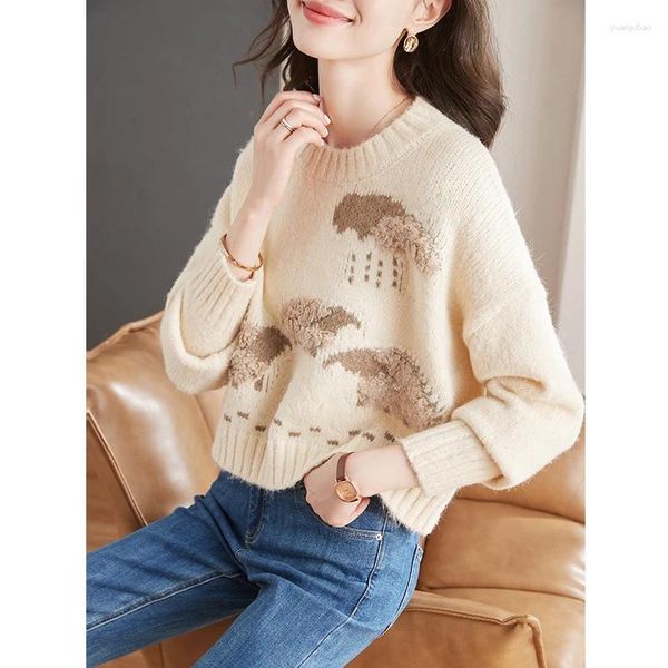 Suéteres femininos outono 2023 simples e versátil bordado em torno do pescoço manga comprida camisola pulôver roupa interior superior feminino